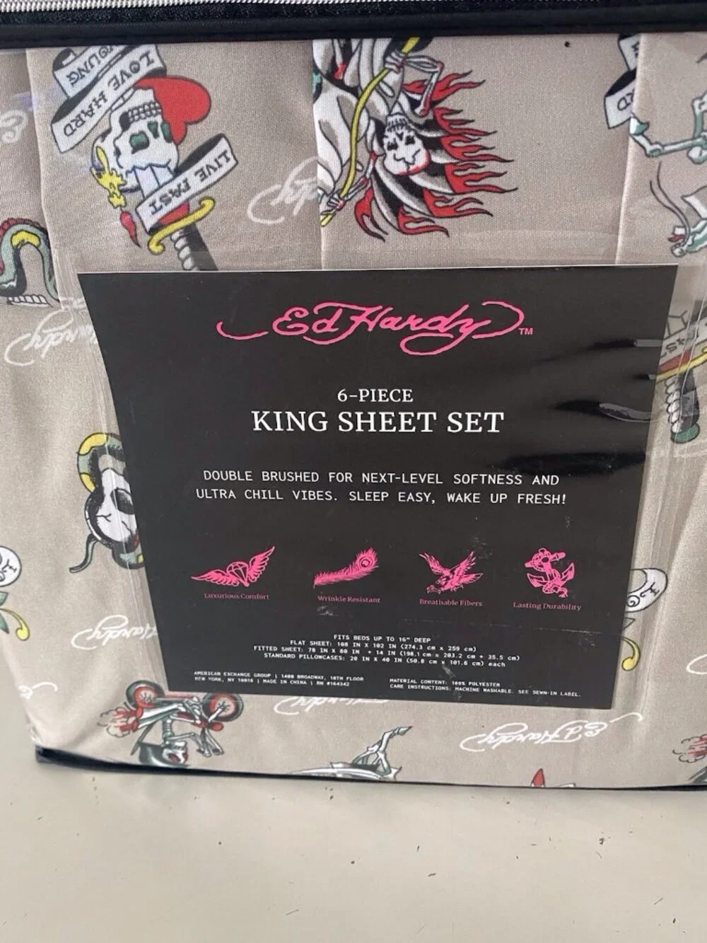6‎ Piece Ed Hardy KING Size Sheet Set Logo Skulls Snake Hearts Roses Khaki NEW